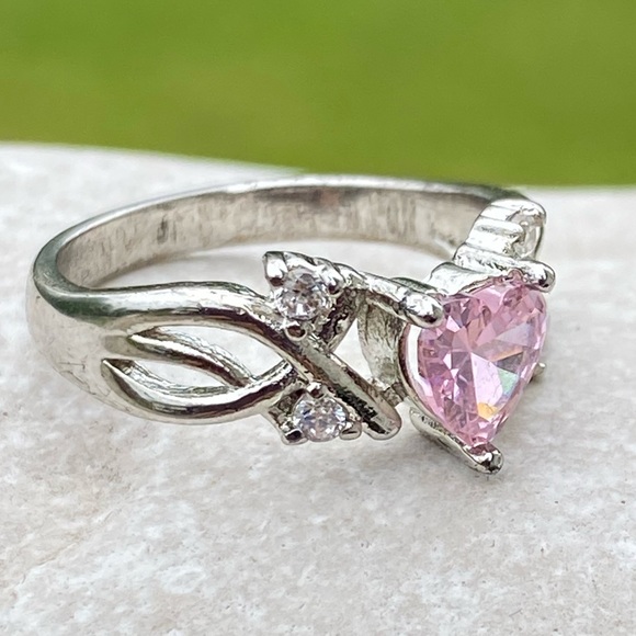 Pink Crystal Topaz w/ white cz accent stones antiqued silver tone - Picture 3 of 6